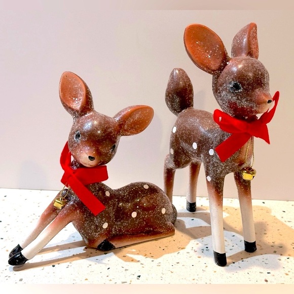 VTG Style‎ Holiday Christmas Ceramic Sugar Glitter Deer Figurine Set of 2 - Picture 2 of 4